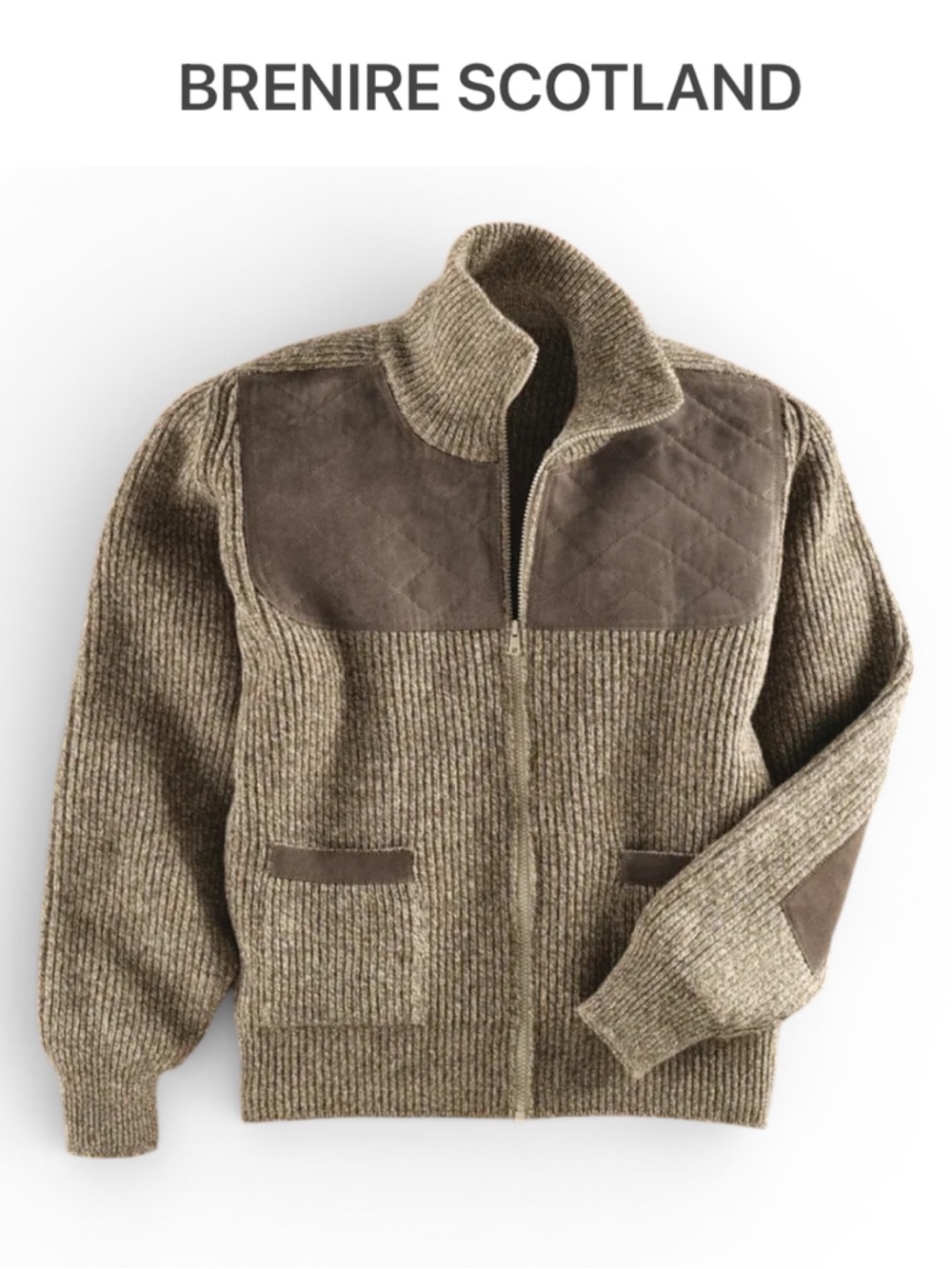 VINTAGE BRENIRE SCOTLAND SHETLAND WOOL ZIP CARDIGAN SWEATER SUEDE ELBOW PATCHES